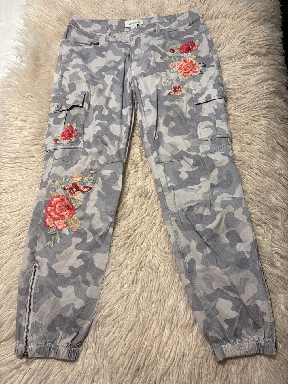 Sundance Gray Camo Cargo Jeans with Red & Pink Floral Embroidery